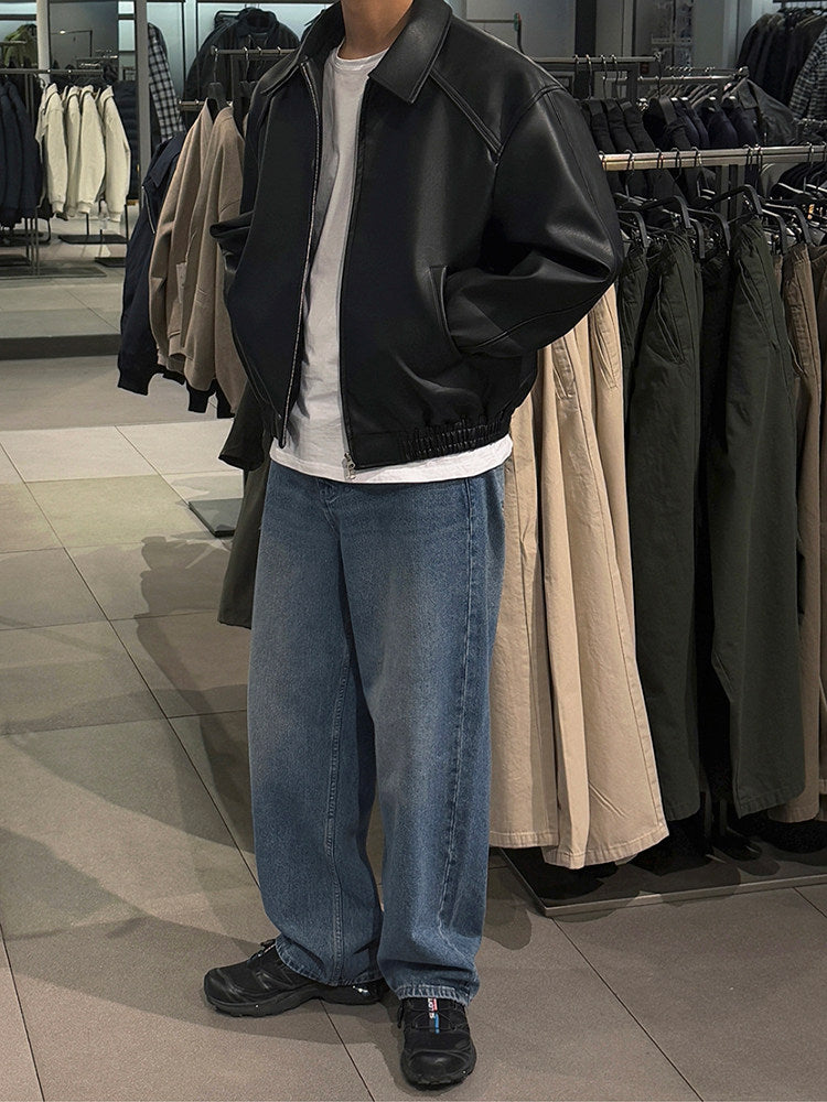 Vintage Lapel Cropped Leather Jacket Casual Loose Fit