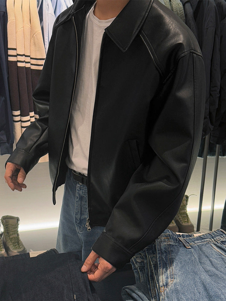 Vintage Lapel Cropped Leather Jacket Casual Loose Fit