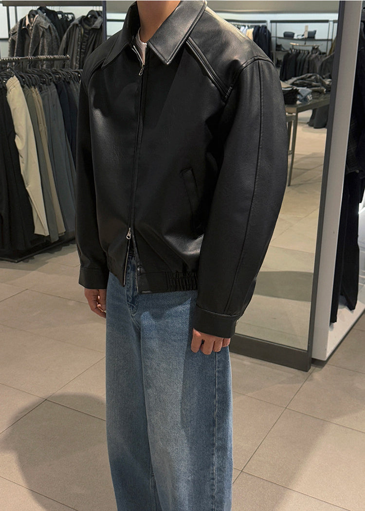 Vintage Lapel Cropped Leather Jacket Casual Loose Fit