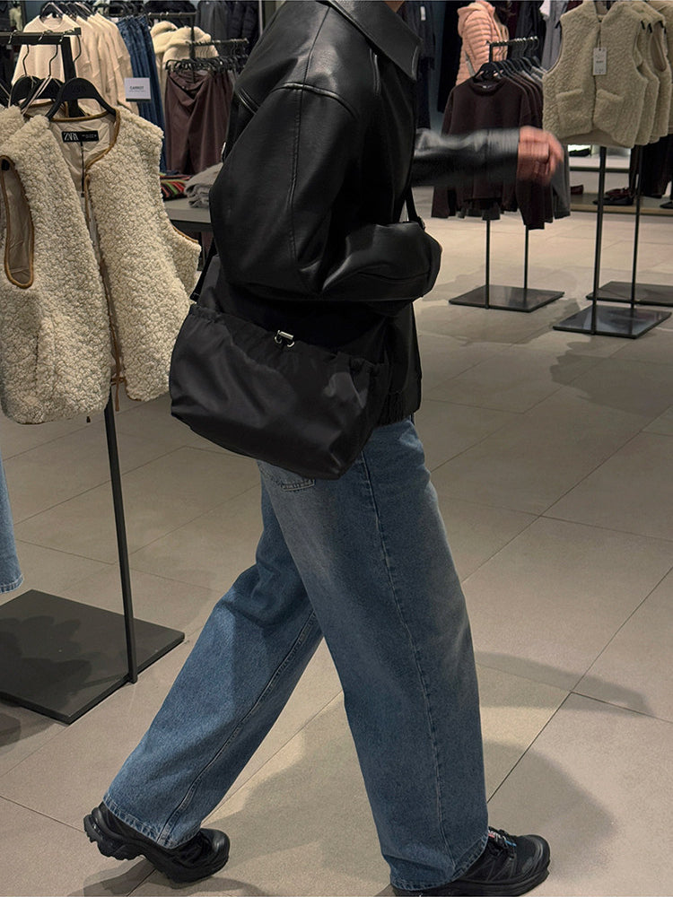 Vintage Lapel Cropped Leather Jacket Casual Loose Fit
