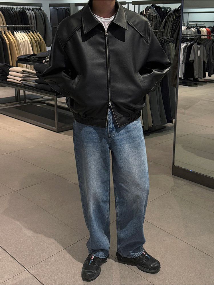 Vintage Lapel Cropped Leather Jacket Casual Loose Fit