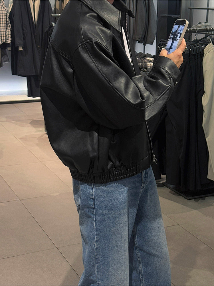 Vintage Lapel Cropped Leather Jacket Casual Loose Fit