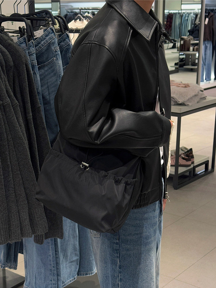 Vintage Lapel Cropped Leather Jacket Casual Loose Fit