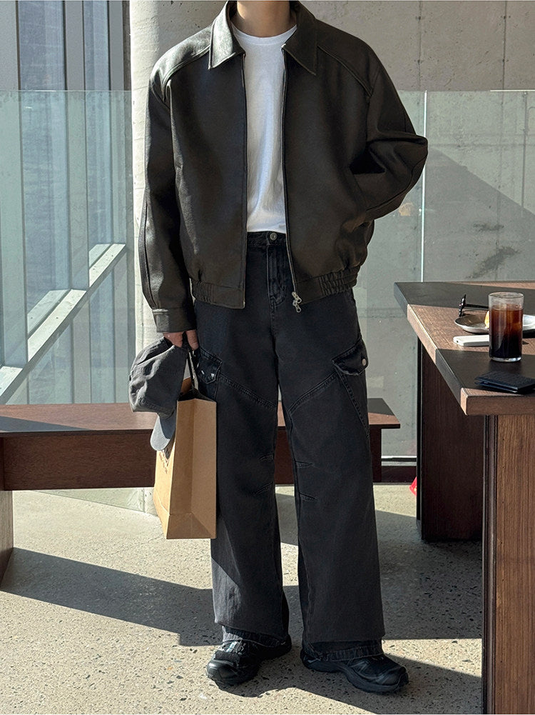 Vintage Lapel Cropped Leather Jacket Casual Loose Fit