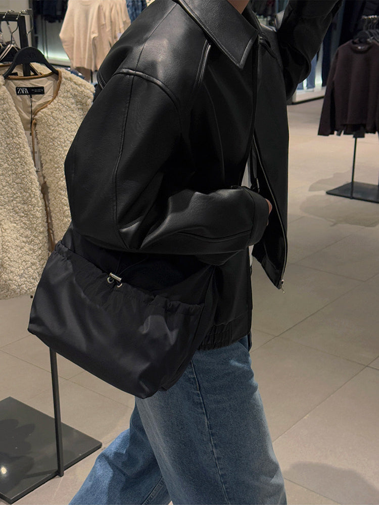 Vintage Lapel Cropped Leather Jacket Casual Loose Fit