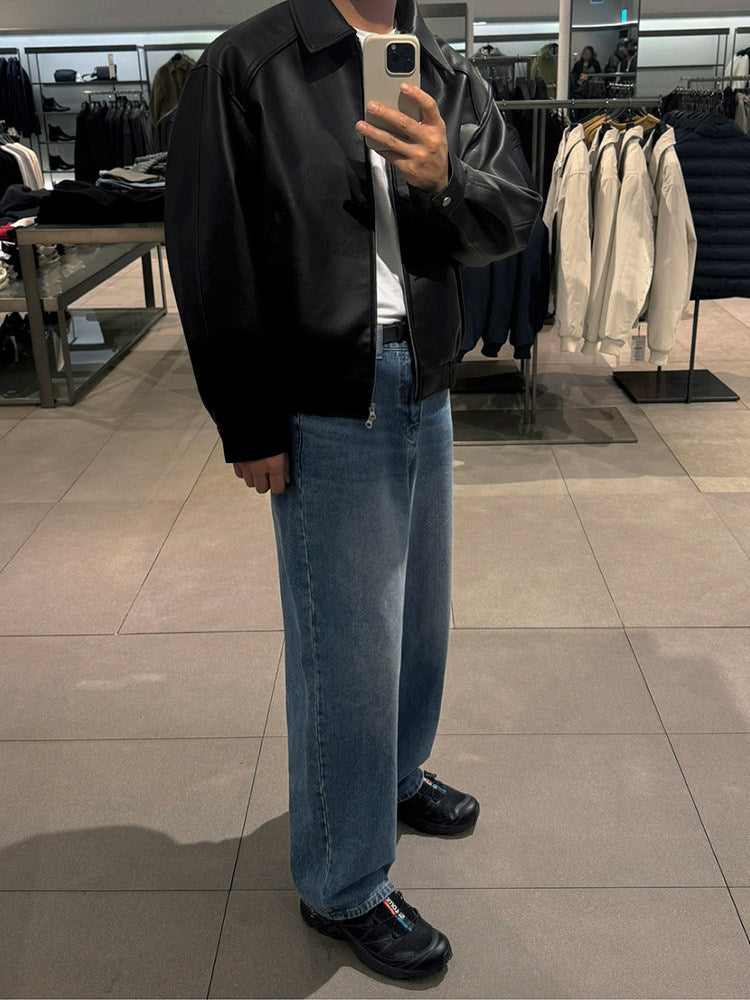 Vintage Lapel Cropped Leather Jacket Casual Loose Fit