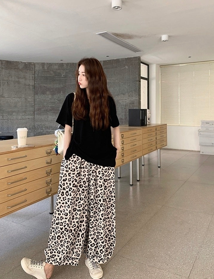 Vintage Leopard Print Casual Pants Black Tee Set