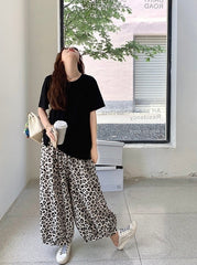 Vintage Leopard Print Casual Pants Black Tee Set