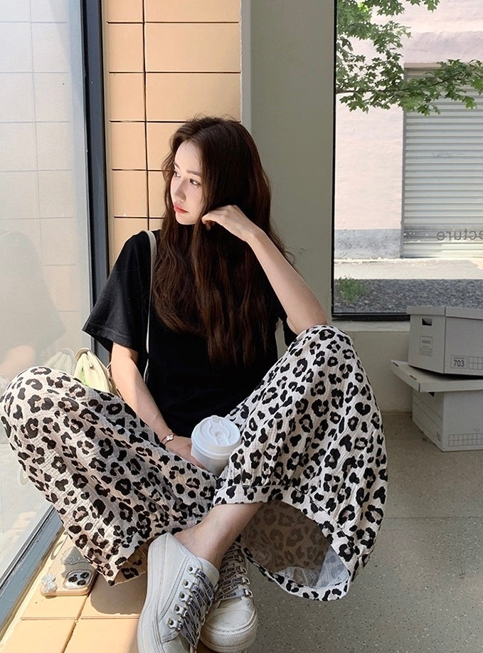 Vintage Leopard Print Casual Pants Black Tee Set