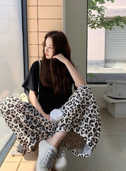 Vintage Leopard Print Casual Pants Black Tee Set