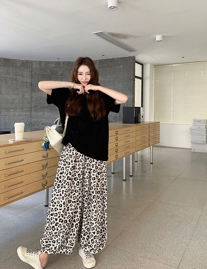Vintage Leopard Print Casual Pants Black Tee Set