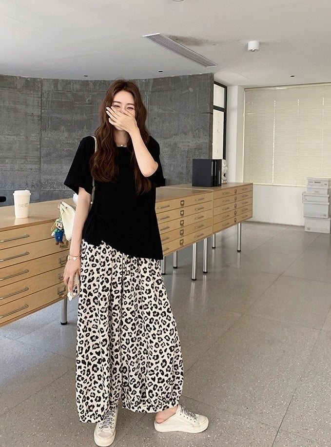 Vintage Leopard Print Casual Pants Black Tee Set