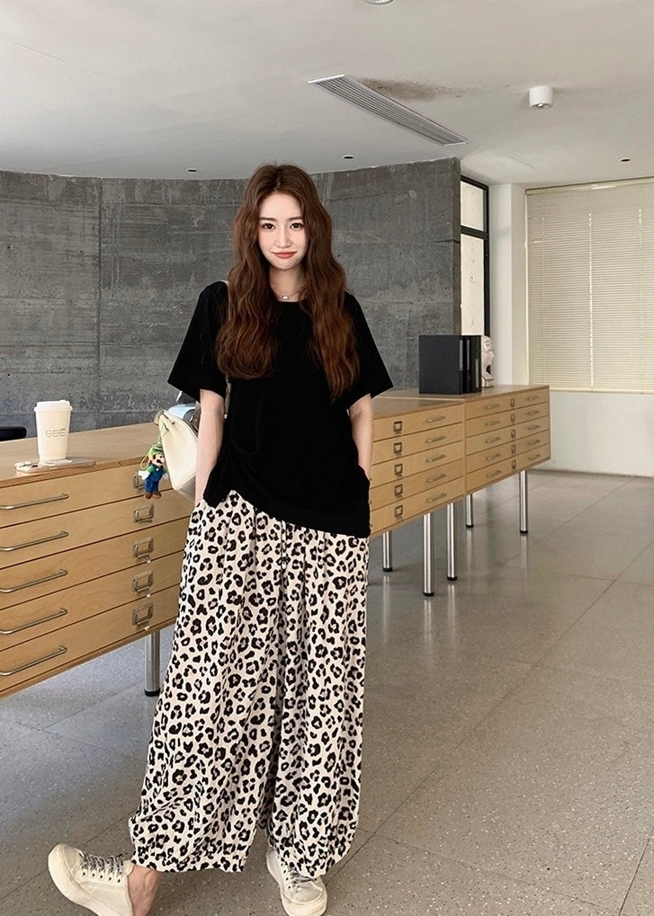 Vintage Leopard Print Casual Pants Black Tee Set