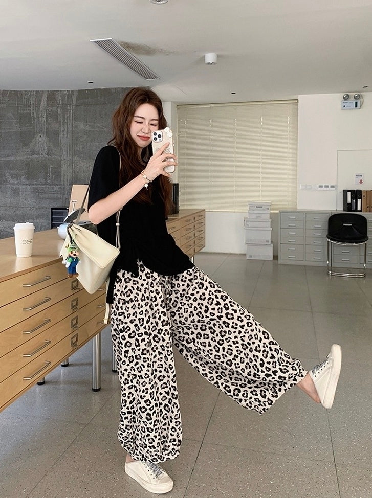 Vintage Leopard Print Casual Pants Black Tee Set