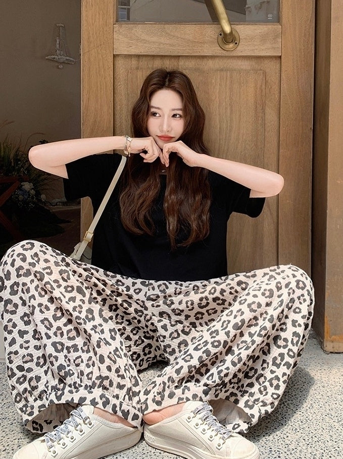 Vintage Leopard Print Casual Pants Black Tee Set