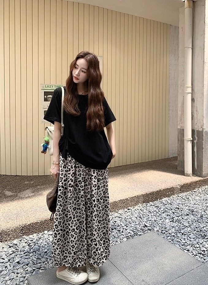Vintage Leopard Print Casual Pants Black Tee Set