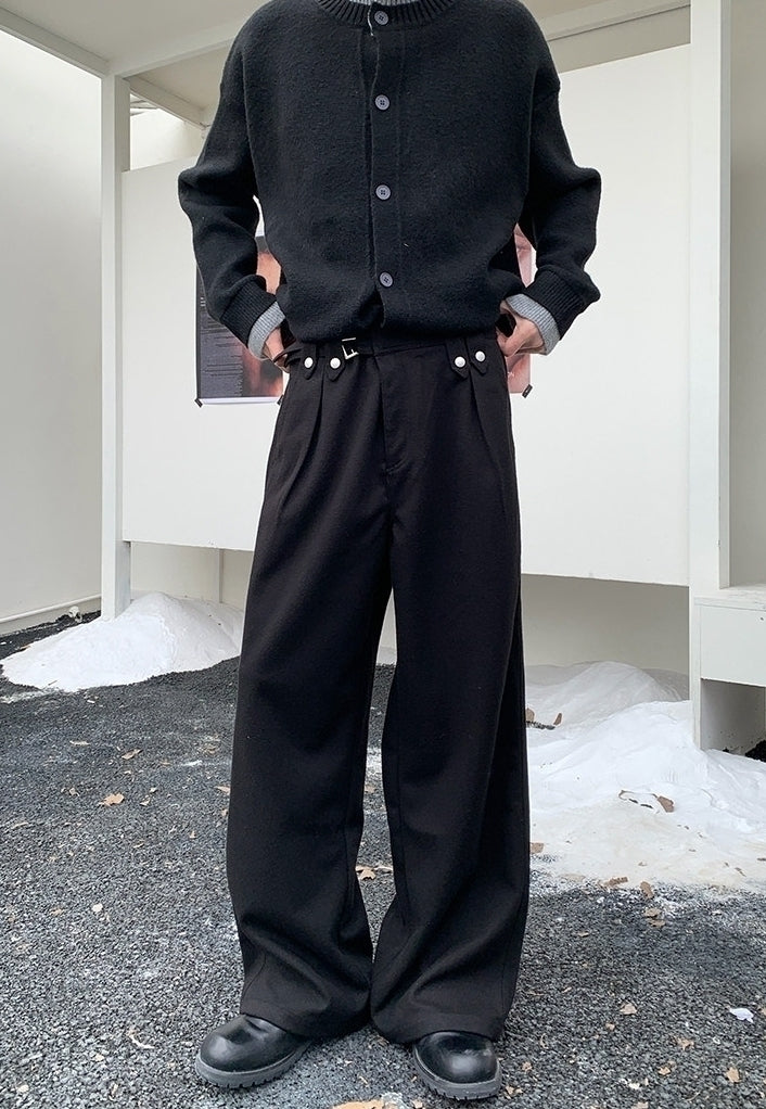 Vintage Metal Button Belted Relaxed Wide Leg Trousers
