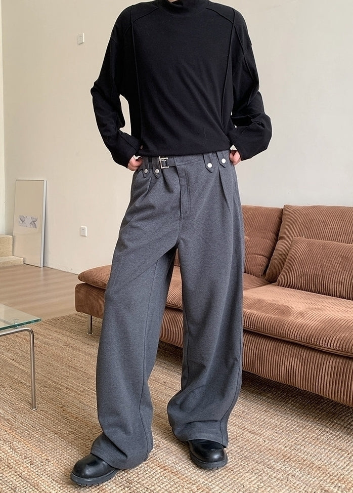 Vintage Metal Button Belted Relaxed Wide Leg Trousers