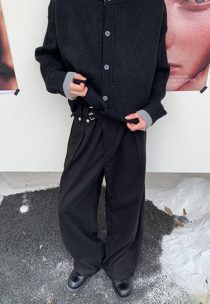 Vintage Metal Button Belted Relaxed Wide Leg Trousers