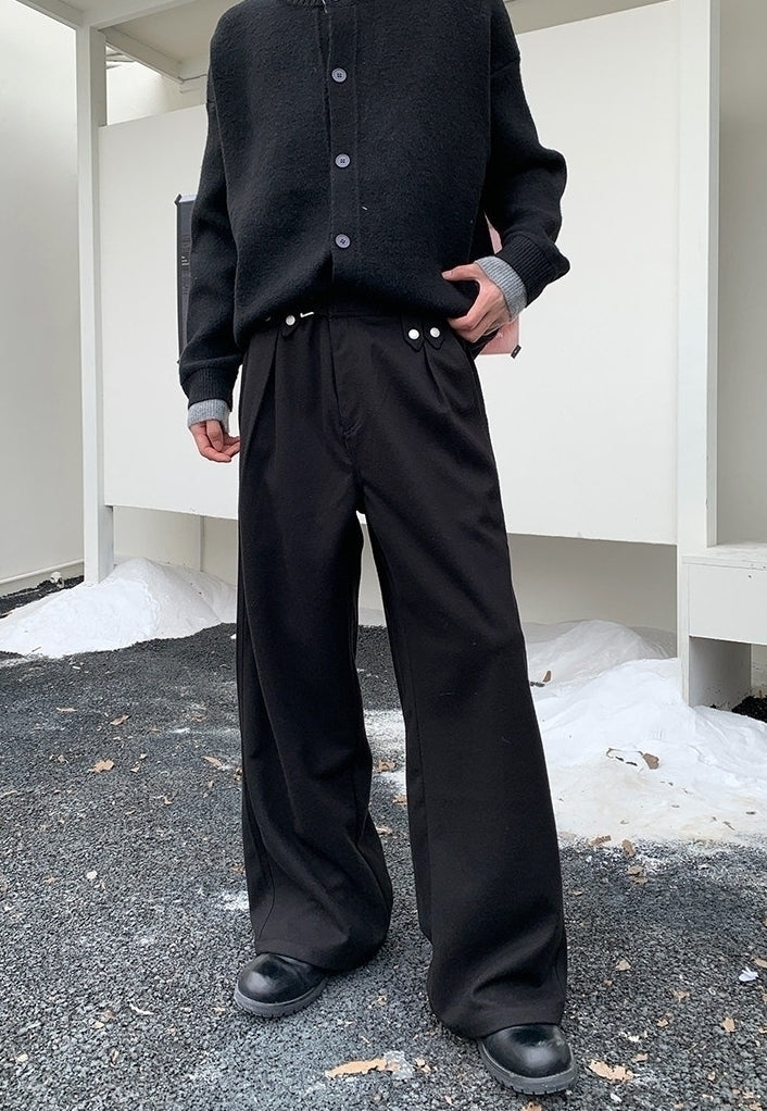 Vintage Metal Button Belted Relaxed Wide Leg Trousers