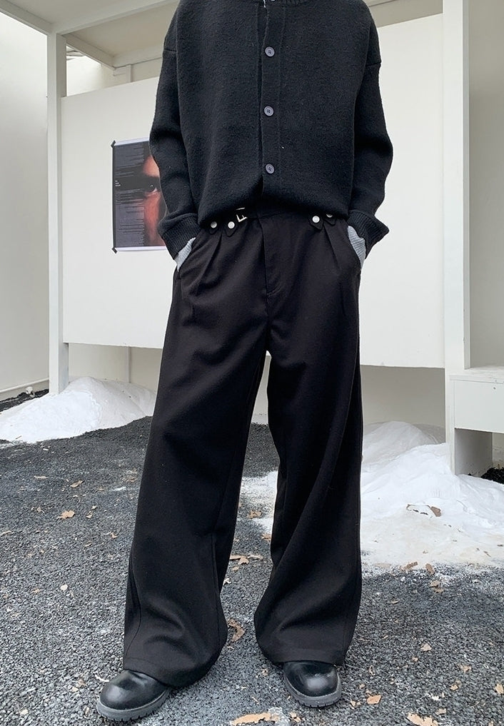 Vintage Metal Button Belted Relaxed Wide Leg Trousers