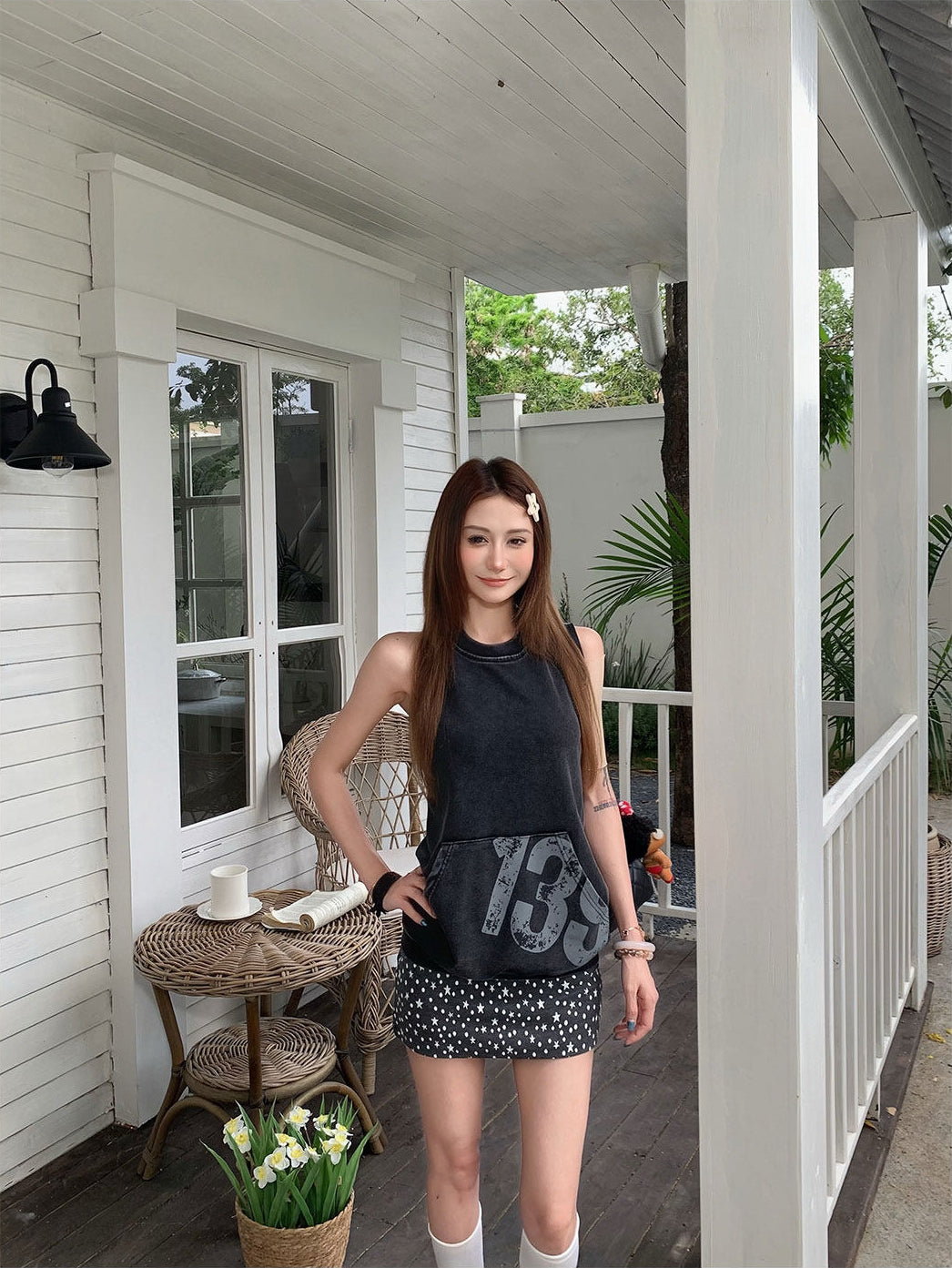 Vintage Number Print Halter Tank Top