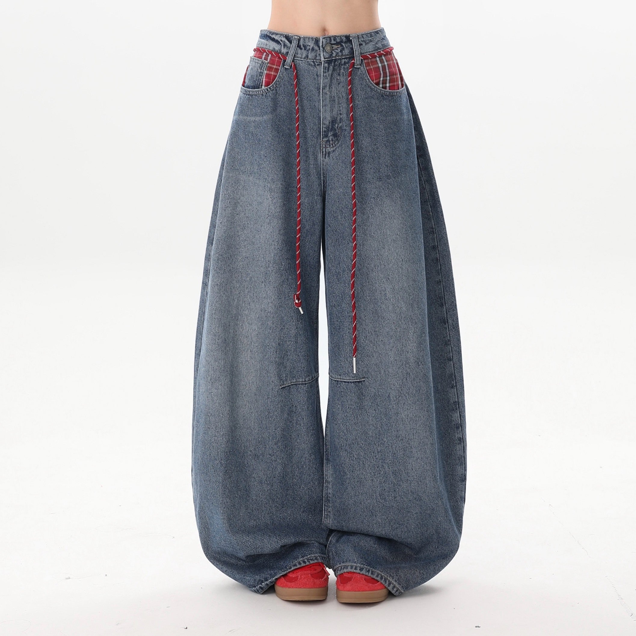 Vintage Patchwork Drawstring Wide Leg Denim Pants