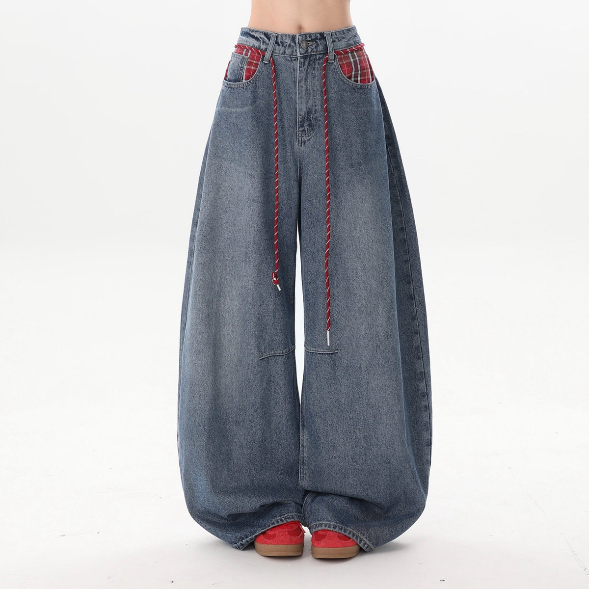 Vintage Patchwork Drawstring Wide Leg Denim Pants