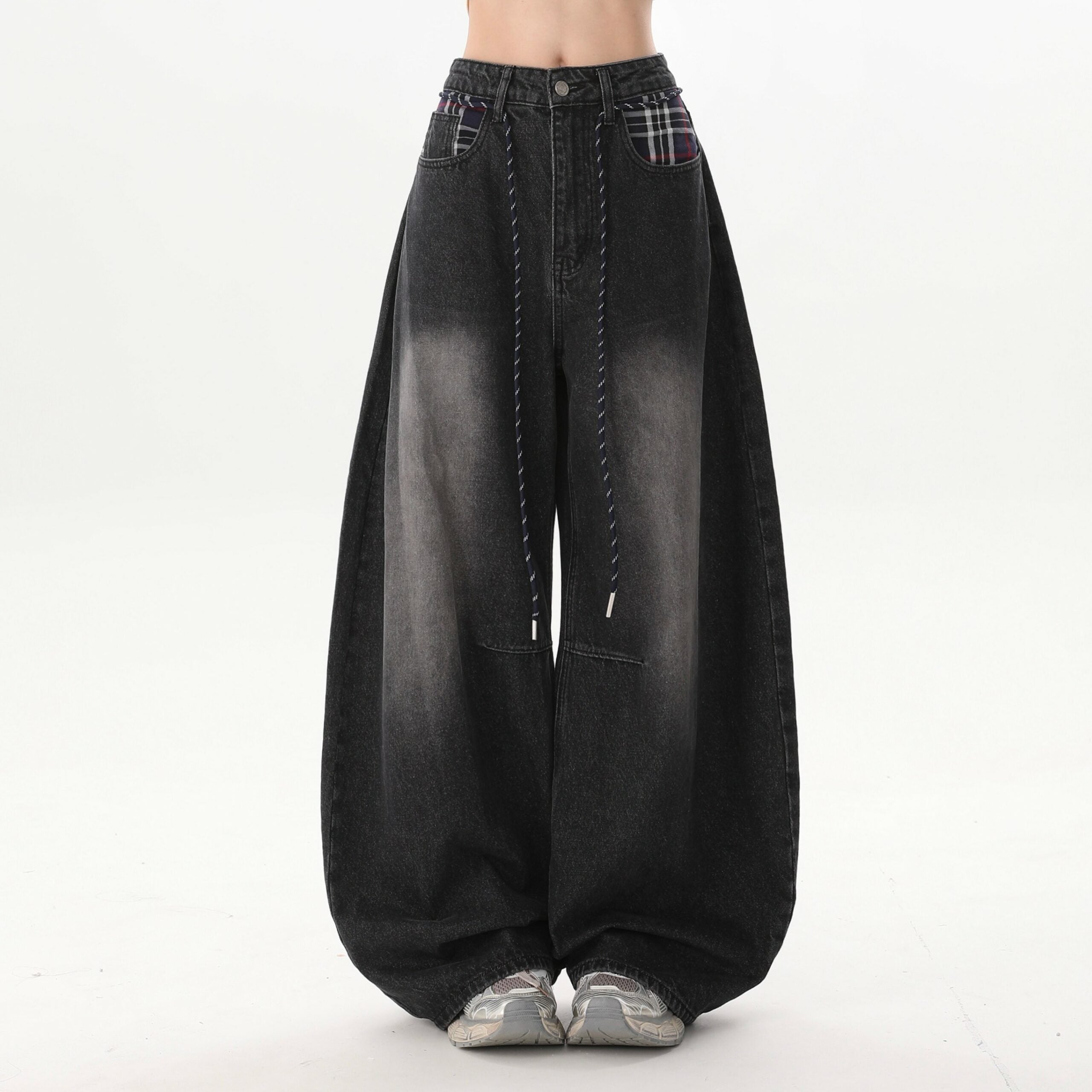 Vintage Patchwork Drawstring Wide Leg Denim Pants
