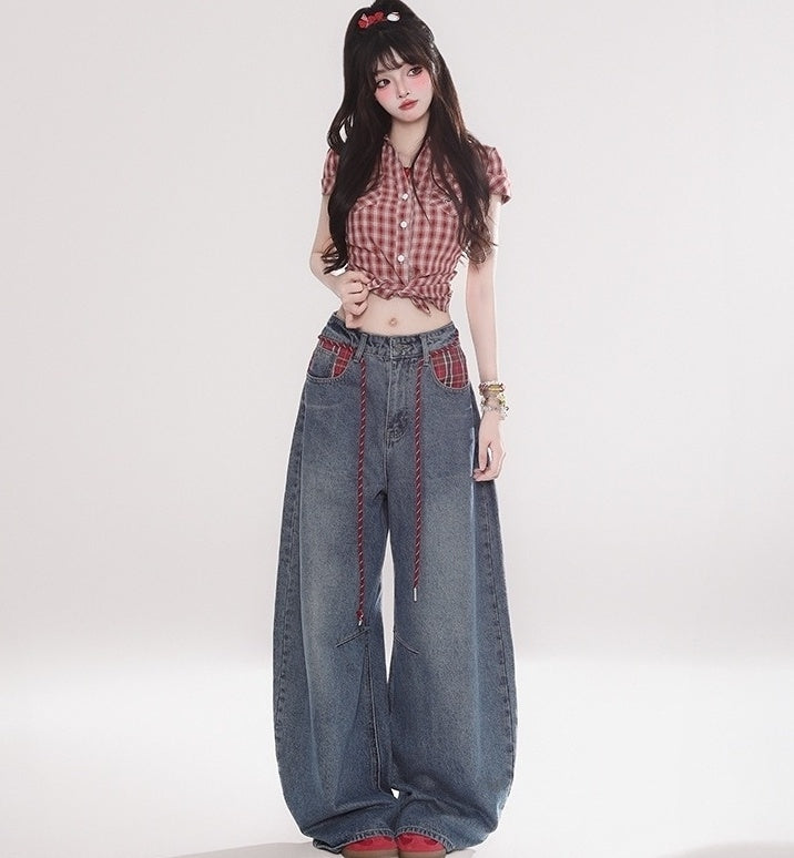 Vintage Patchwork Drawstring Wide Leg Denim Pants