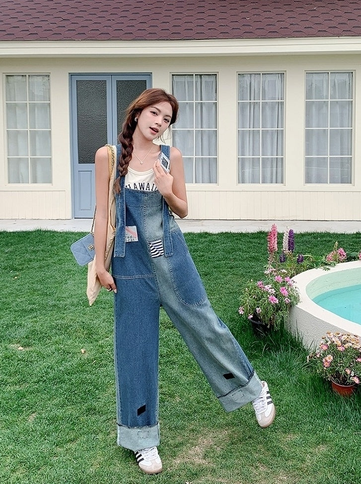 Vintage Patchwork Straight Leg Denim Overalls