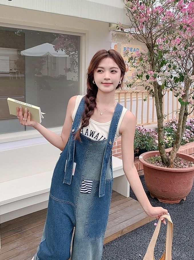 Vintage Patchwork Straight Leg Denim Overalls