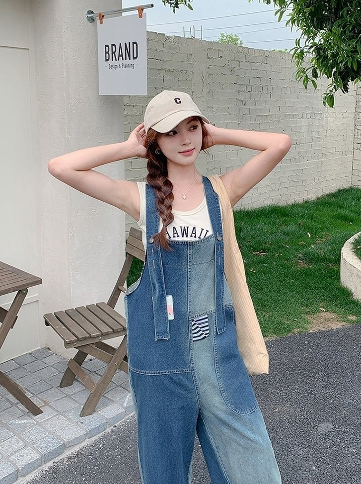 Vintage Patchwork Straight Leg Denim Overalls
