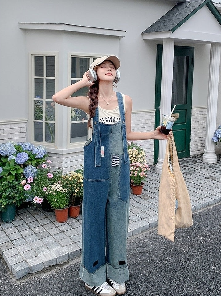Vintage Patchwork Straight Leg Denim Overalls