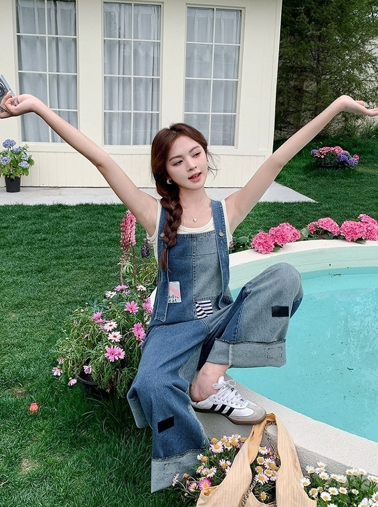 Vintage Patchwork Straight Leg Denim Overalls