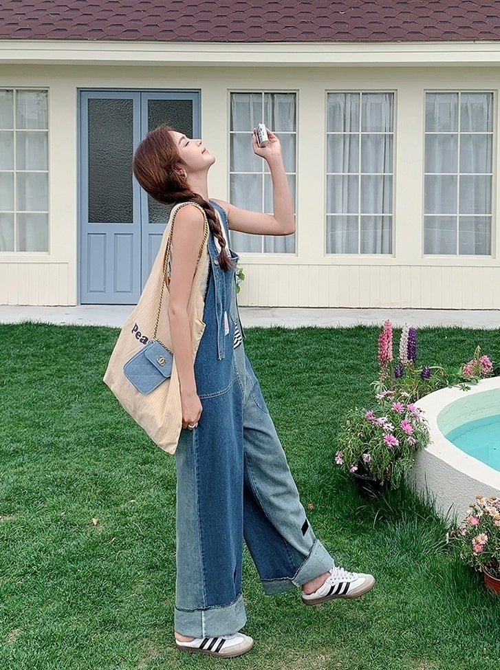 Vintage Patchwork Straight Leg Denim Overalls
