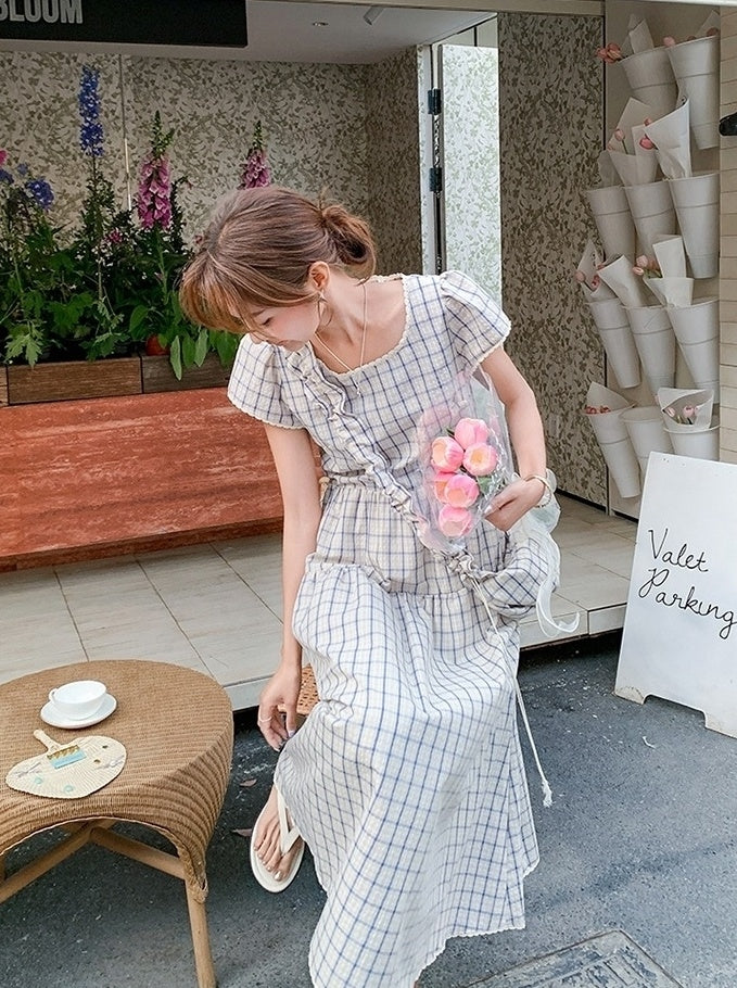 Vintage Plaid Casual Waist Dress Summer Style
