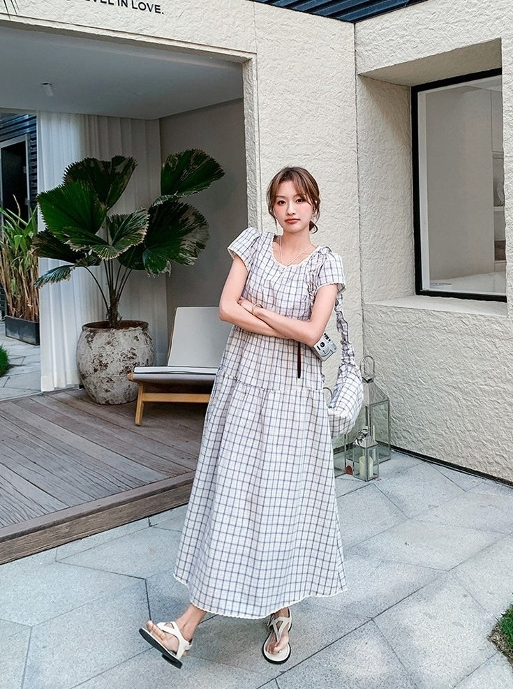 Vintage Plaid Casual Waist Dress Summer Style