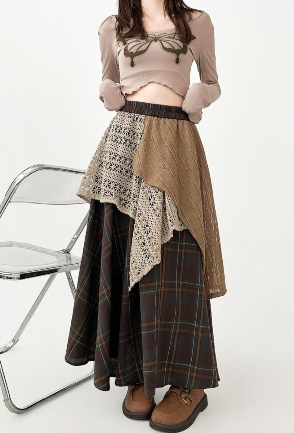 Vintage Plaid Lace Patchwork Midi Skirt
