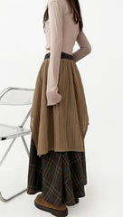 Vintage Plaid Lace Patchwork Midi Skirt