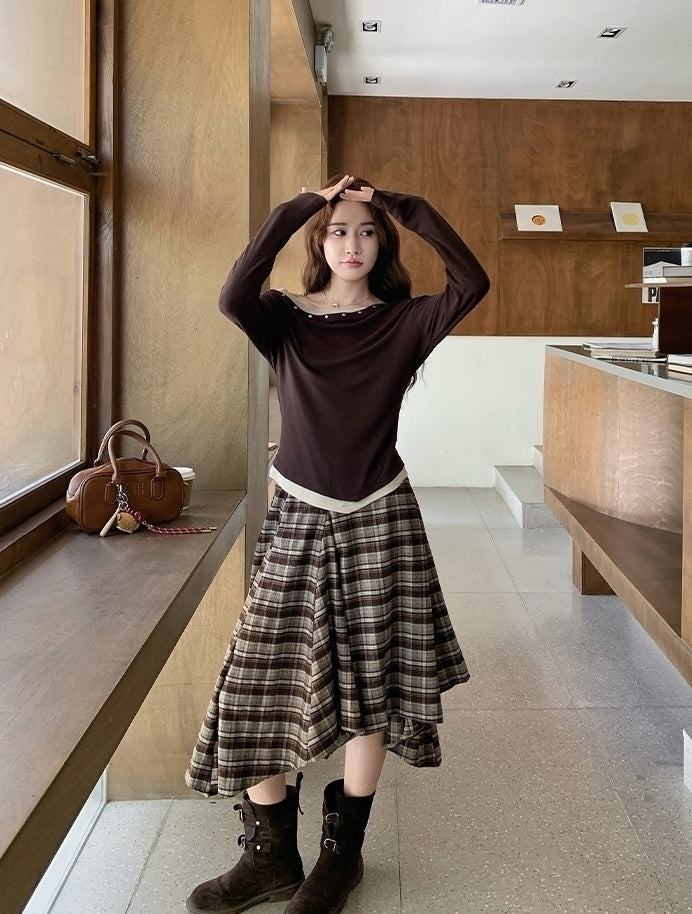 Vintage Plaid Off Shoulder T Shirt Skirt Set