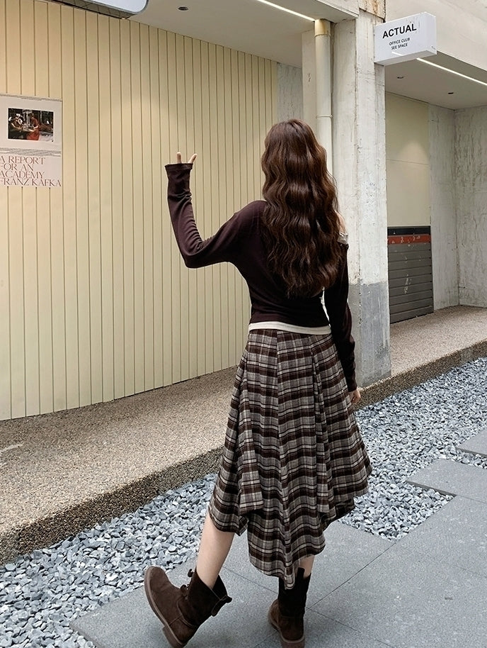 Vintage Plaid Off Shoulder T Shirt Skirt Set
