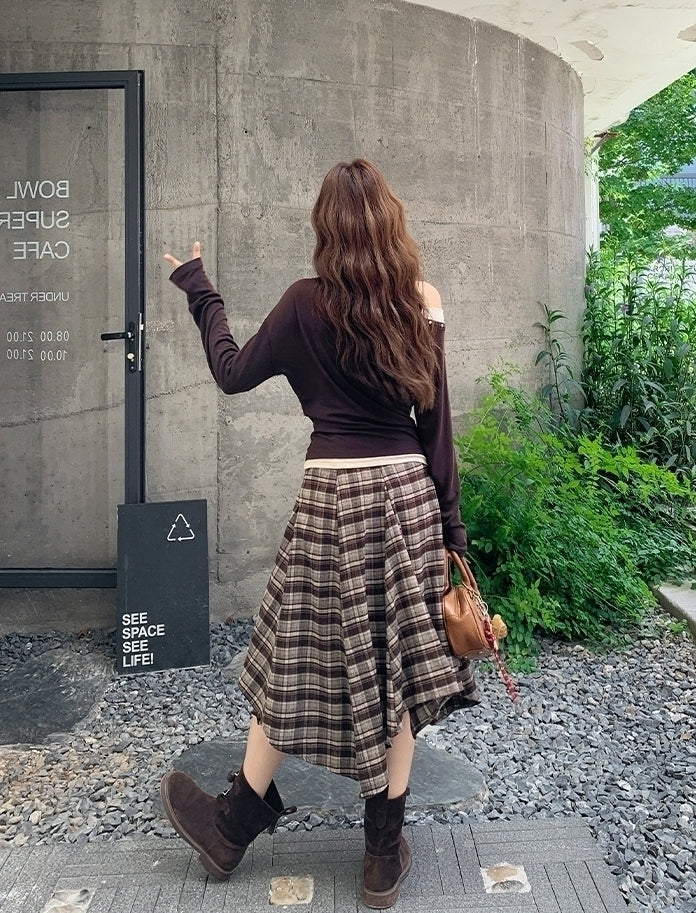 Vintage Plaid Off Shoulder T Shirt Skirt Set