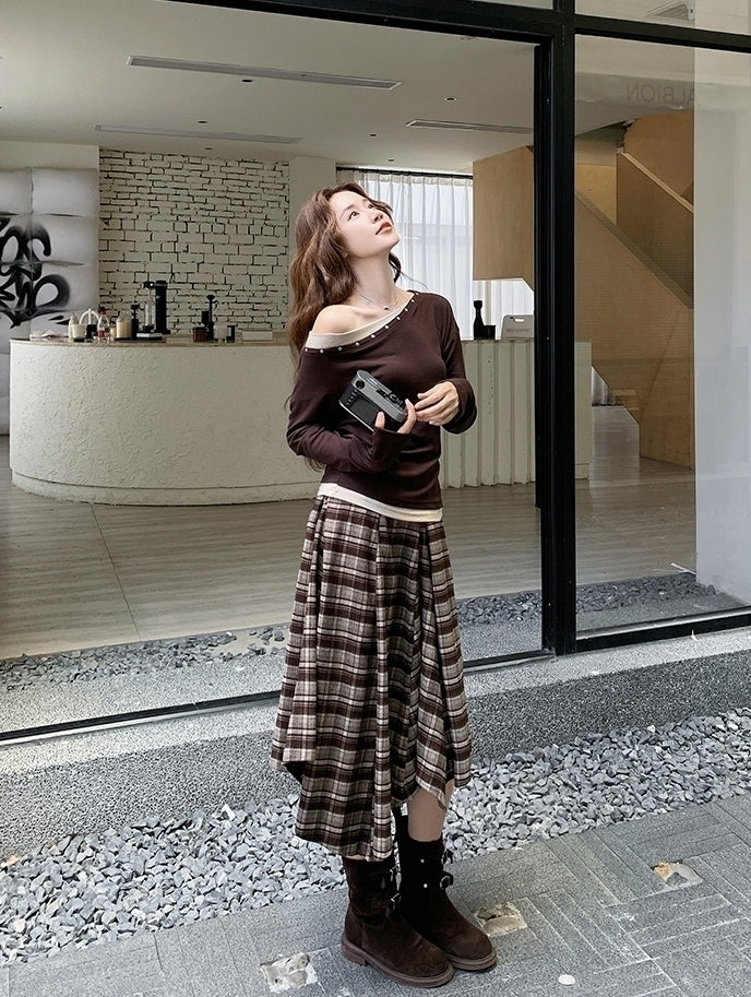 Vintage Plaid Off Shoulder T Shirt Skirt Set