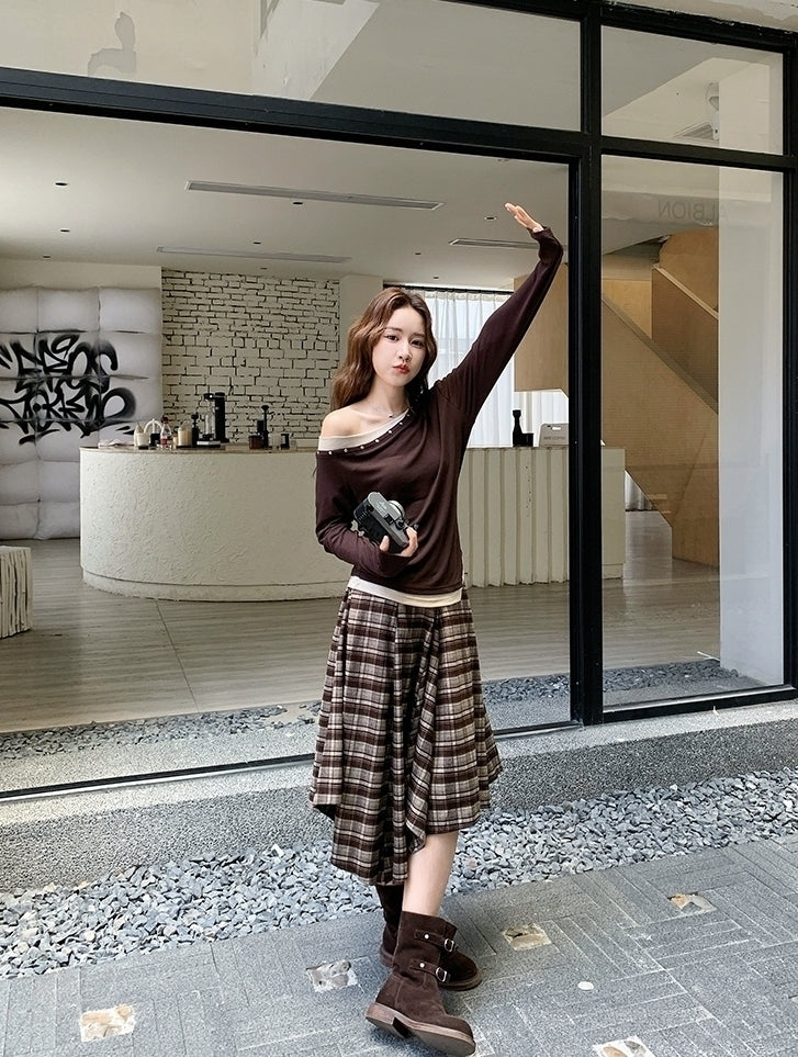 Vintage Plaid Off Shoulder T Shirt Skirt Set