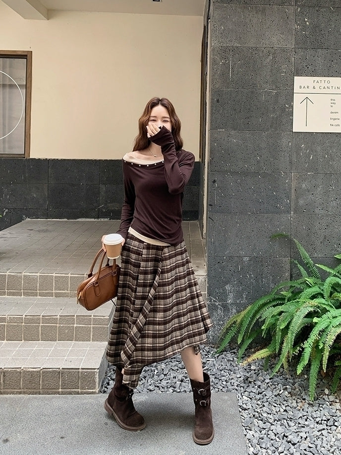 Vintage Plaid Off Shoulder T Shirt Skirt Set
