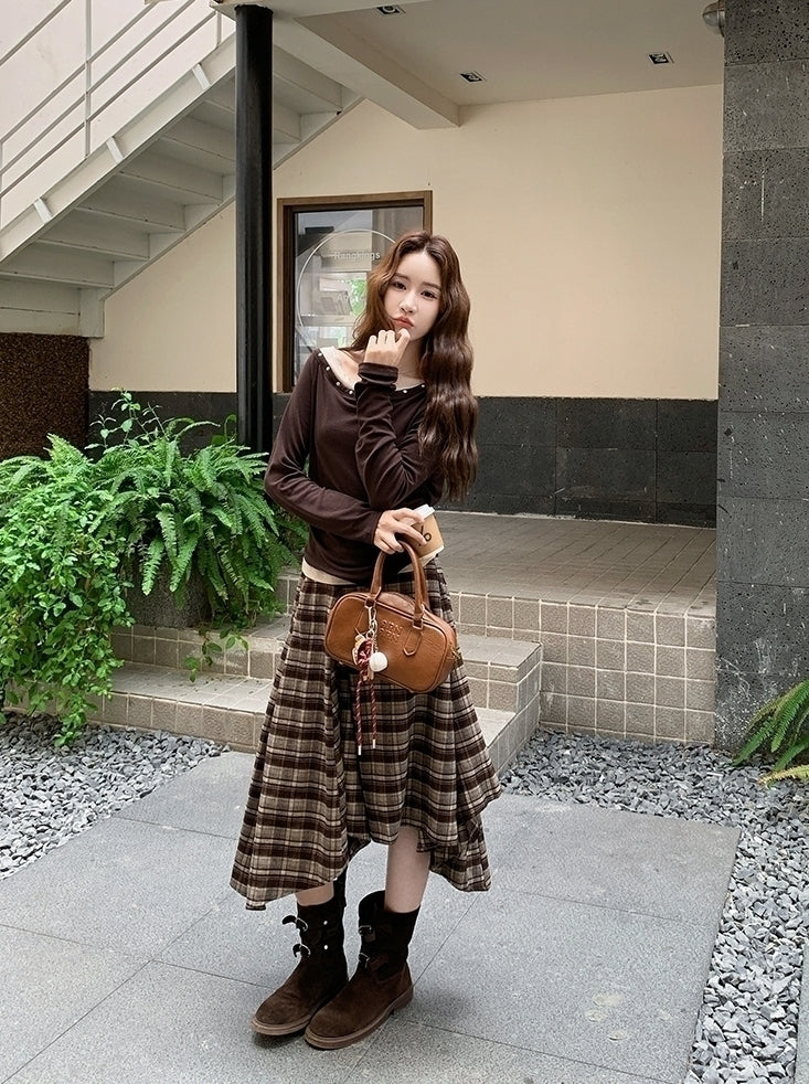 Vintage Plaid Off Shoulder T Shirt Skirt Set