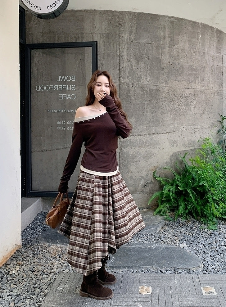 Vintage Plaid Off Shoulder T Shirt Skirt Set