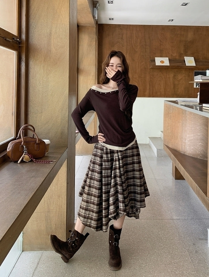 Vintage Plaid Off Shoulder T Shirt Skirt Set