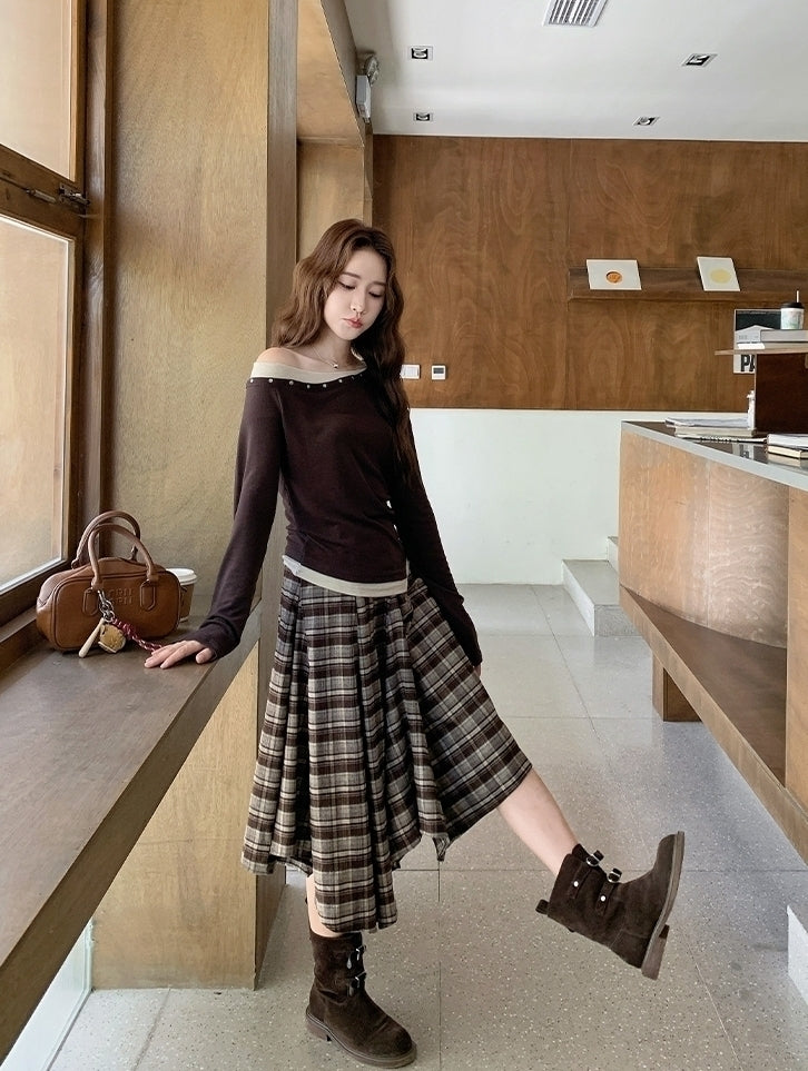 Vintage Plaid Off Shoulder T Shirt Skirt Set